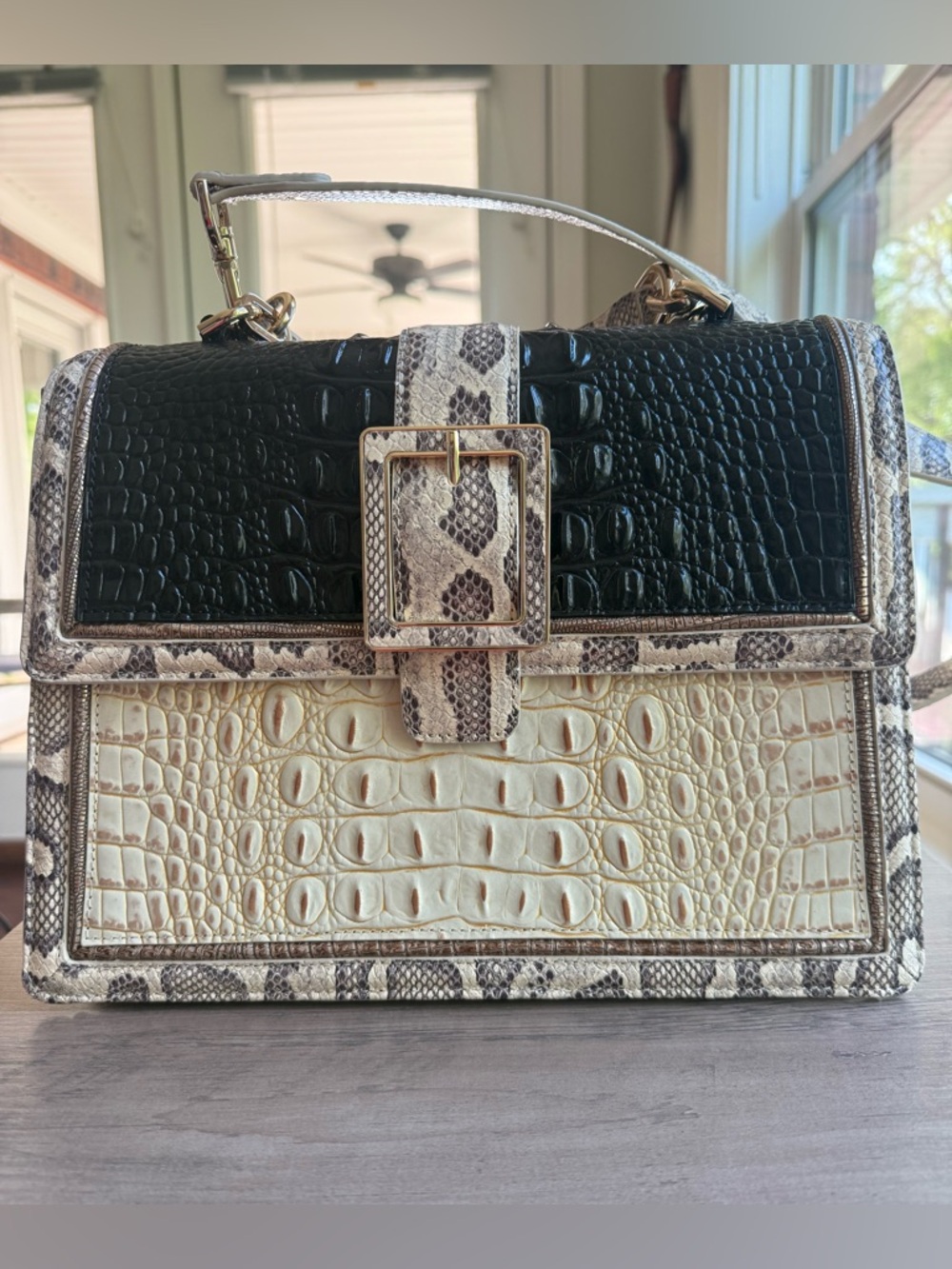 Brahmin Black and Cream Croc-Embossed Top Handle Satchel